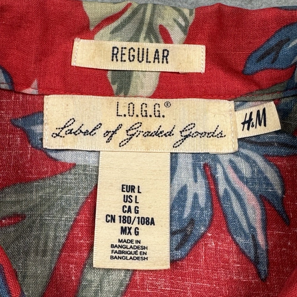 H&M LOGG Hawaiian Shirt Mens‎ L Red Floral Button Up Linen/Cotton Regular Fit - Picture 2 of 8